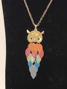 Gold Owl Pendant Necklace with Multicolor Enamel Feathers